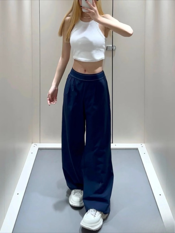 Breathable Quick Drying Black Yoga Pants Sporty Pants in High Fashion Navy Blue Sweatpants Women Elastic Waist Loose Sports Fitness Casual Pants for W