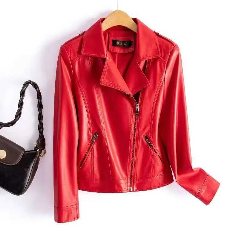 Faux Leather Women Coats Solid Jacket Turn Down Collar Long Sleeves Zippper Loose Fit Moto Streetwear 2025 Spring AutumnT251017