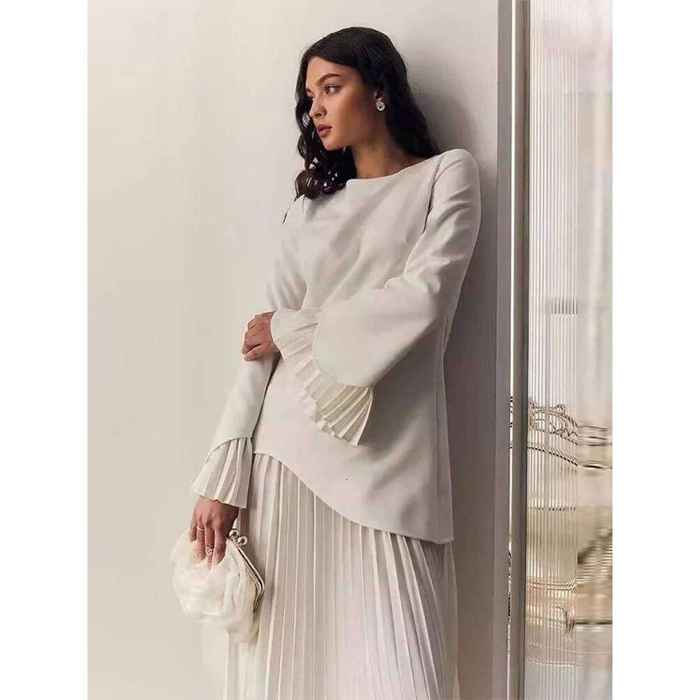 2025 Women Fashion O-neck Patchwork Long Dress Elegant Solid Flare sleeve Pleated High Waist Slim Dresses Lady Summer Chic Robes