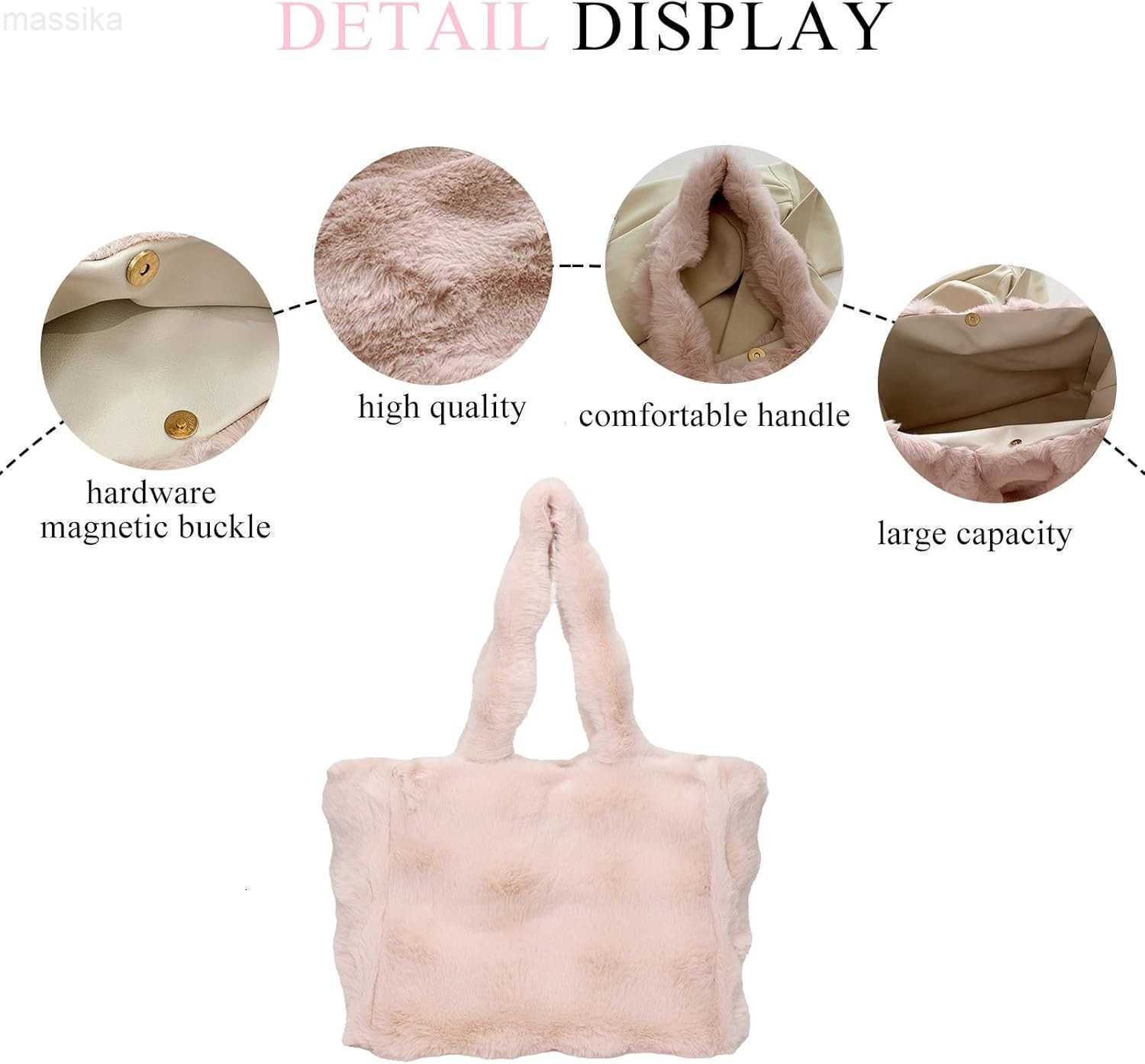 Tote Bag Large Fur Purses for Women Winter Fuzzy Totes Furry Shoulder Handbag Plush Bags M251017