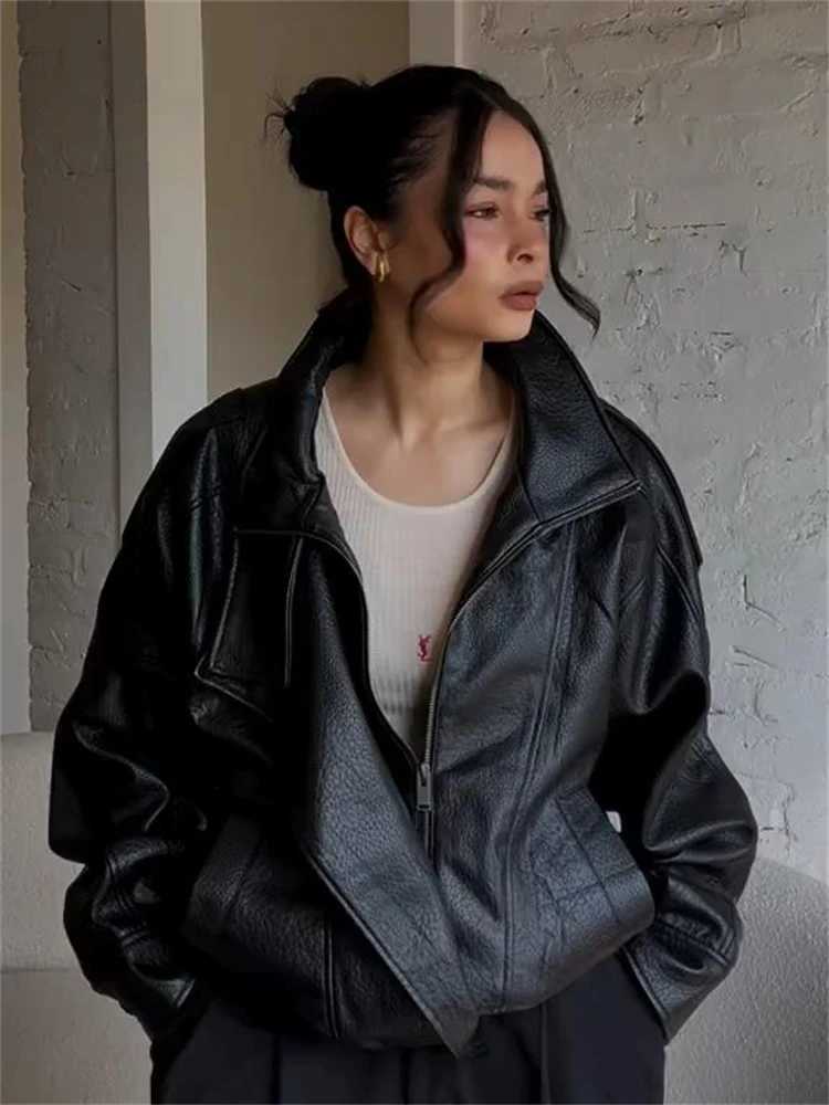 Chic Stand Collar Cropped Leather Jacket Coat Oversized Zipup Short Outerwear Autumn High Street Stylish Womens Fashion OutfitT251017
