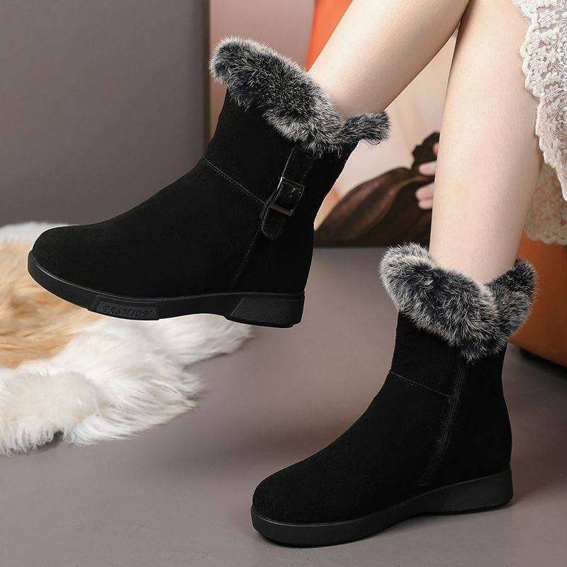 Women's Winter Plush New Flat Bottom Rabbit Fur Thick Snow Boots