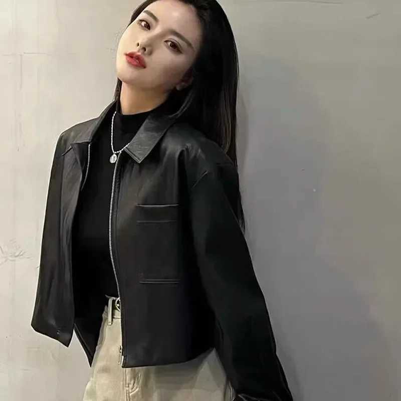 Black PU Leather Women Jackets Korean Fashion Zipper Biker Short Jacket Woman Autumn Winter Casual Loose Turndown Collar CoatT251017