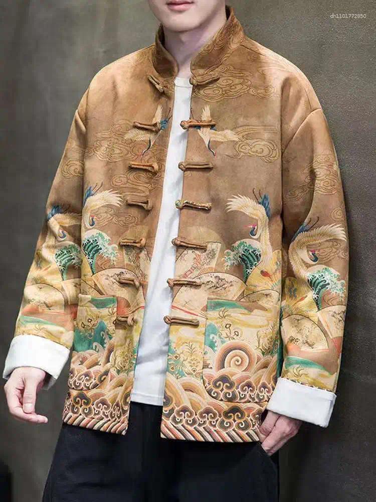 Men's Jackets Spring Autumn Youth Chinese Sle Jaet Printed Hanfu Coat Stand Collar Button Up Loose Fit Wear Resistant Long Sve