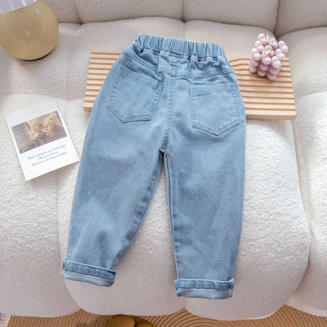 IENENS kpop clothes for girls kids slim straight jeans light blue embroidery denim pants for 16 yearsT251017