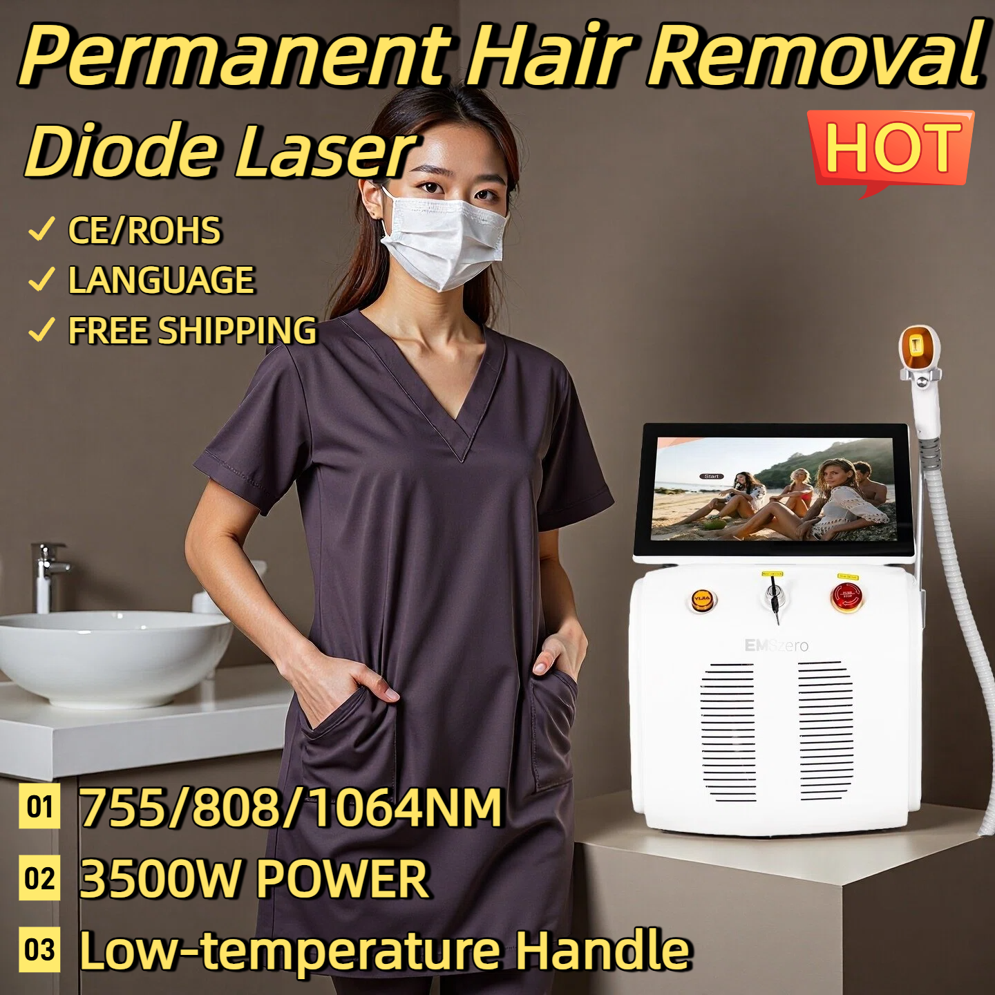 Large Screen Diode Laser Hair Removal Machine Painless Permanent Hair Removal Skin Whitening High Power Smart 3 Wavelengths 755/808/1064nm Laser Machi