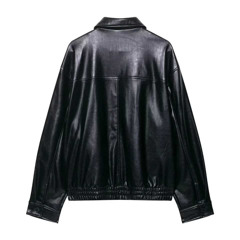 autumn new womens commuting casual simple versatile fashion Fuling longsleeved imitation leather pilot jacketT251017