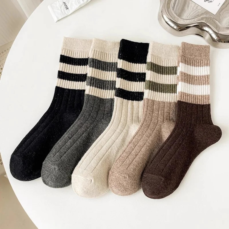 1 3 5 Pairs Women Striped Midcalf Socks Autumn Winter Thermal Knitted Socks Brown Retro Slouch Boot Socks Casual Daily EU 3542 251017