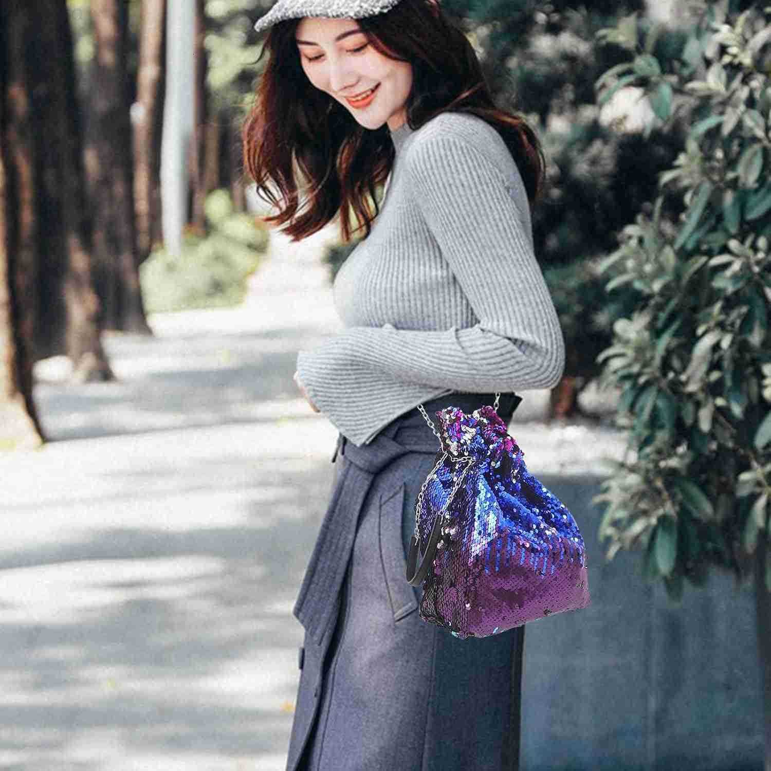 Purse for Women Glitter Sequin Cluth Bling Bucket Bag Stylish Shoulder Bag with Tassel Chain Party Tote Handbag Blue 75 x 39 x 10 inch Z251017