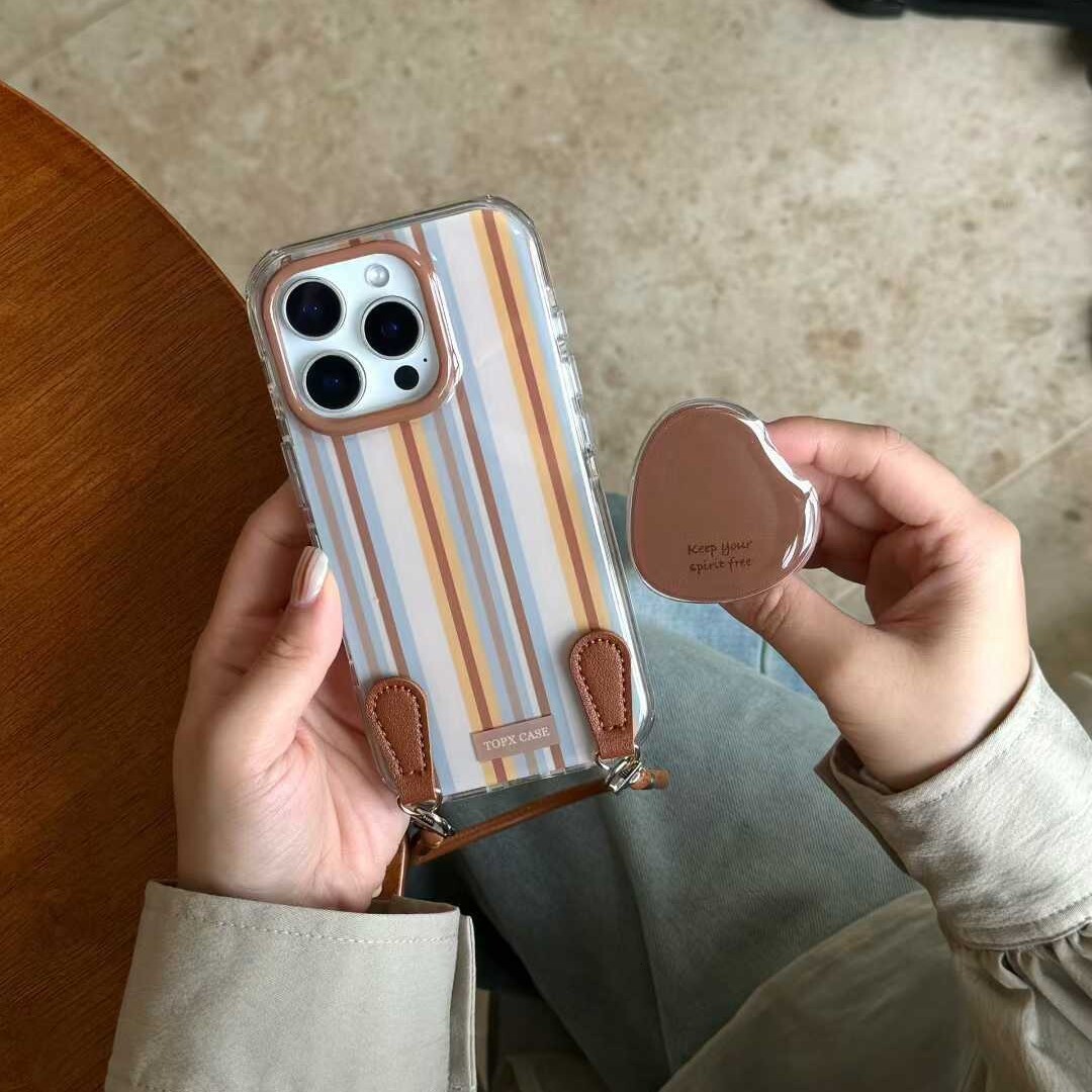 Autumn Winter Color-Block Striped Compatible with iPhone 17 Leather Lanyard Pro Max Apple 16 Phone Case 15 Women 14