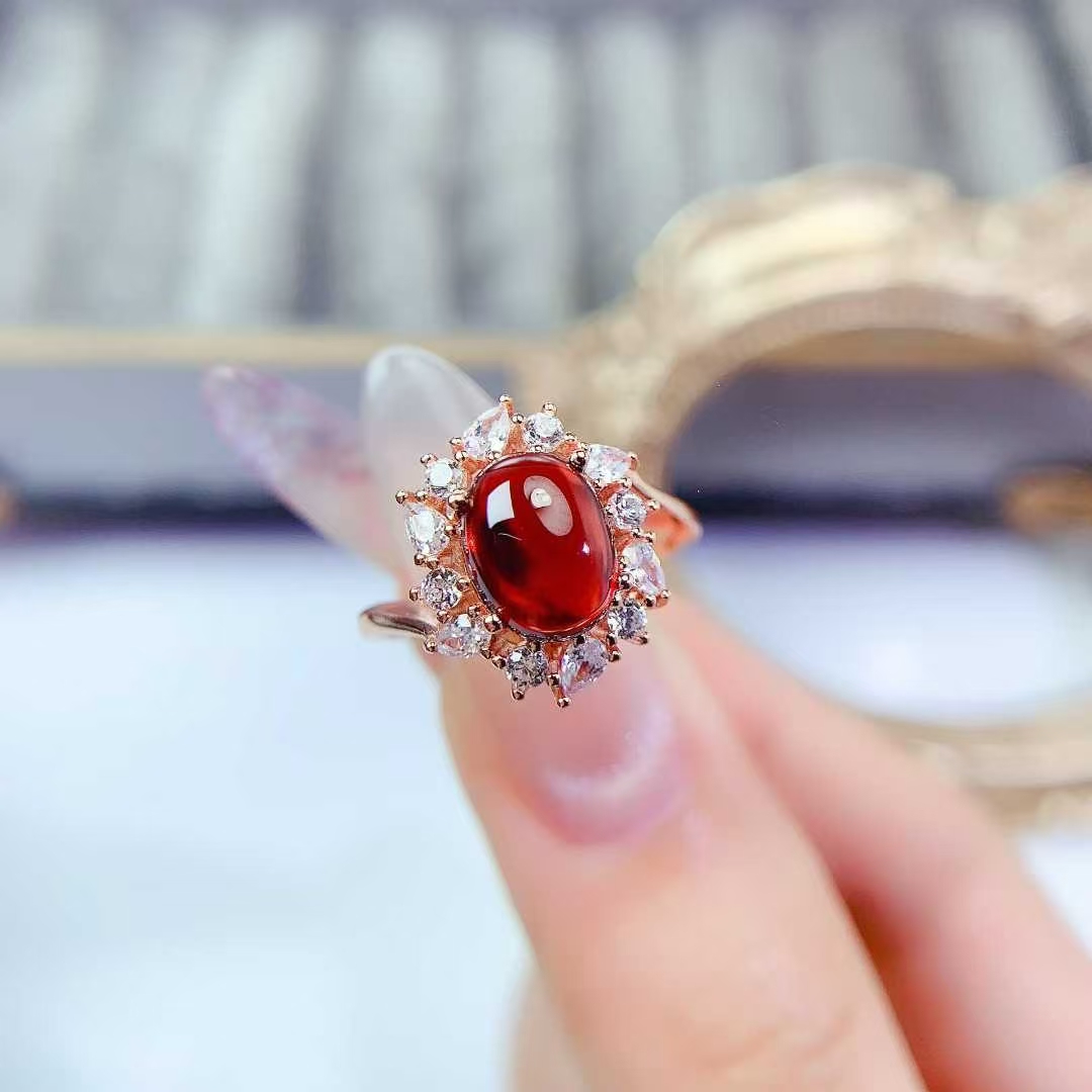 Cabochon garnet ring real 925 silver gemstone jewelry with 18K gold plating 7mm*9mm natural garnet ring with certificate