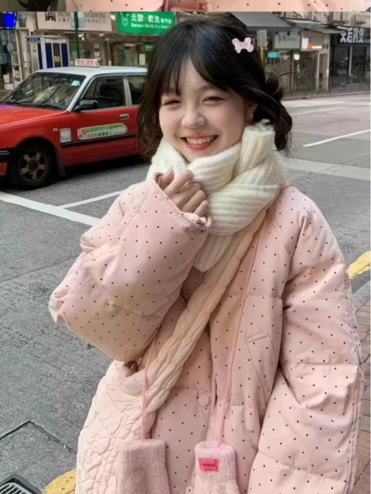 2025 new womens polka dot cotton jacket winter sweet and cute spicy girl trend loose oversized warm jacket top W251016