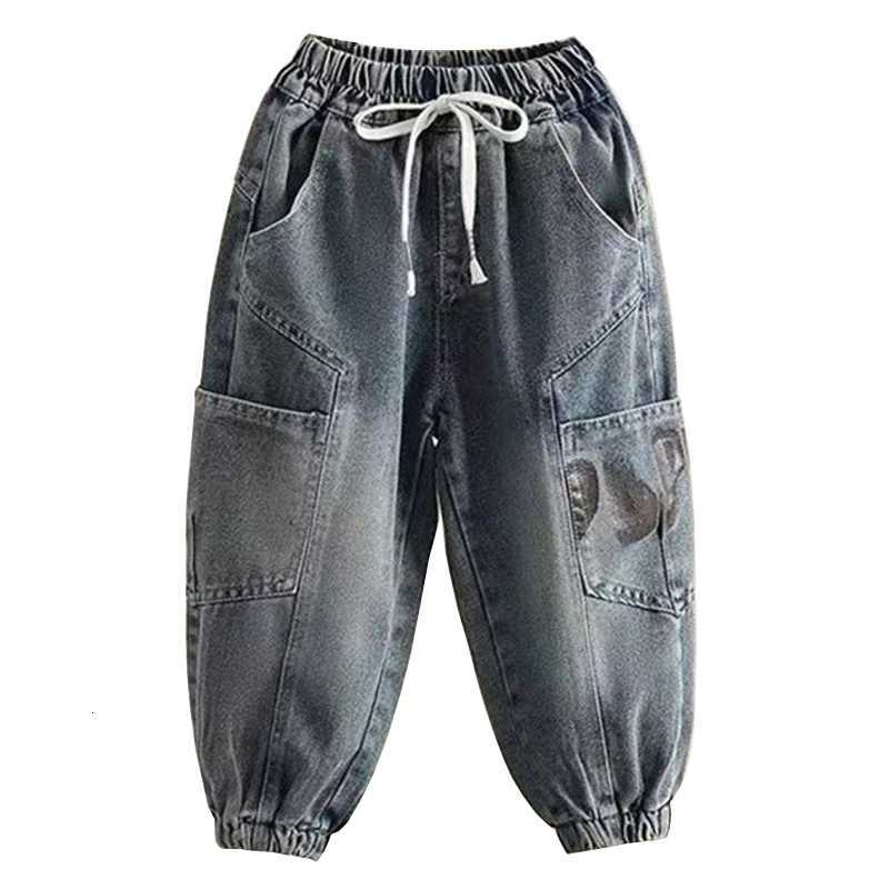 Autumn Kids Boys Jeans Letter Print Elastic Waistline Denim Cargo Pants Solid Color Street Sports Trousers Spring ClothesT251017