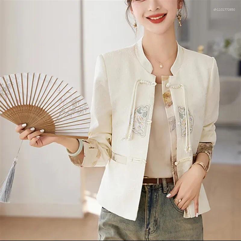Women's Jackets Chinese Style Coats Women Outwear Plate Buckle Coat Embroidery Jacket Stand Up Neck Top Short For Thin Retro