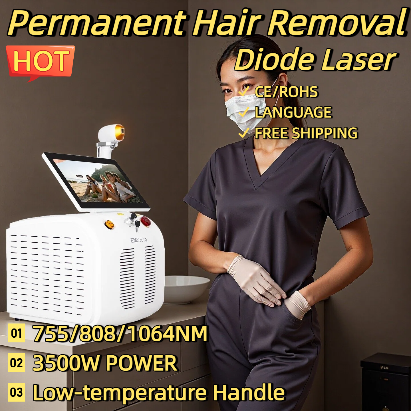 3500W Soprano Titanium Ice Platinum Diode 755 808 1064nm 3 Wavelength Laser Machine Painless Diode Hair Removal Machine CE/ROHS