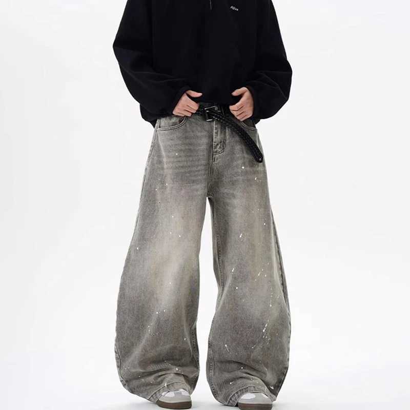 Korean Retro Vintage Gray Splashed Ink Design Jeans MenS Street Baggy Pants Casual HipHop Pants Y2k Jeans Y251105