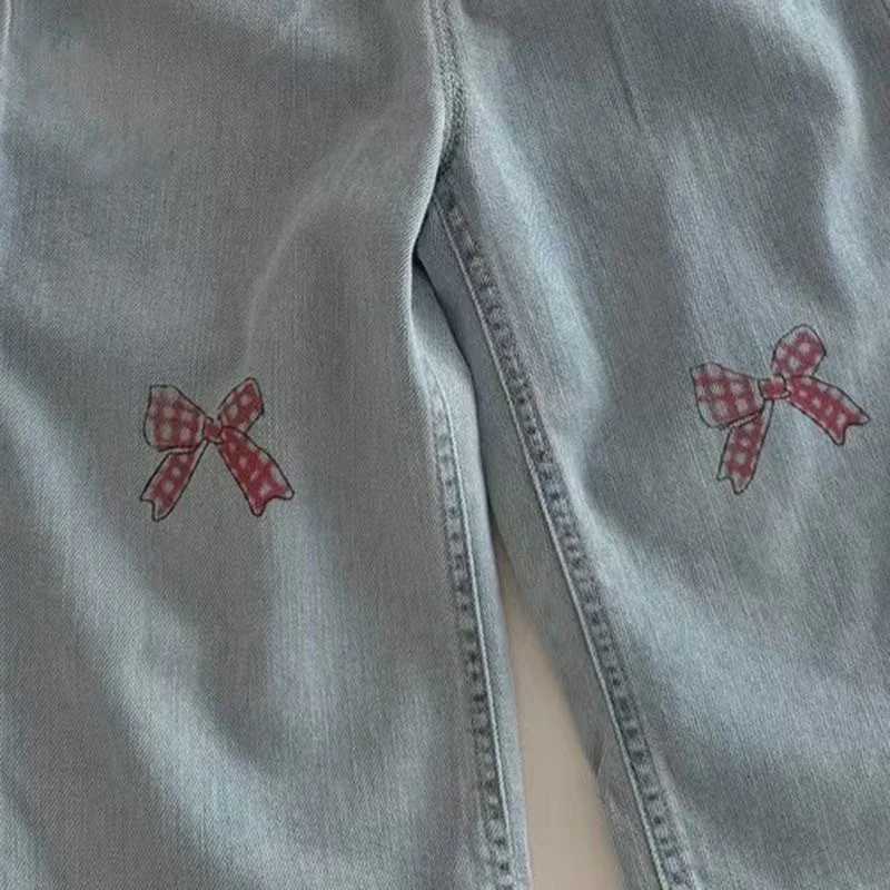 2025 Summer Kids Girls School Wide Leg Pants Korean Printed Bows Baby Girls Jeans Straight Denim Pant New Sweet Fashion 28yT251017