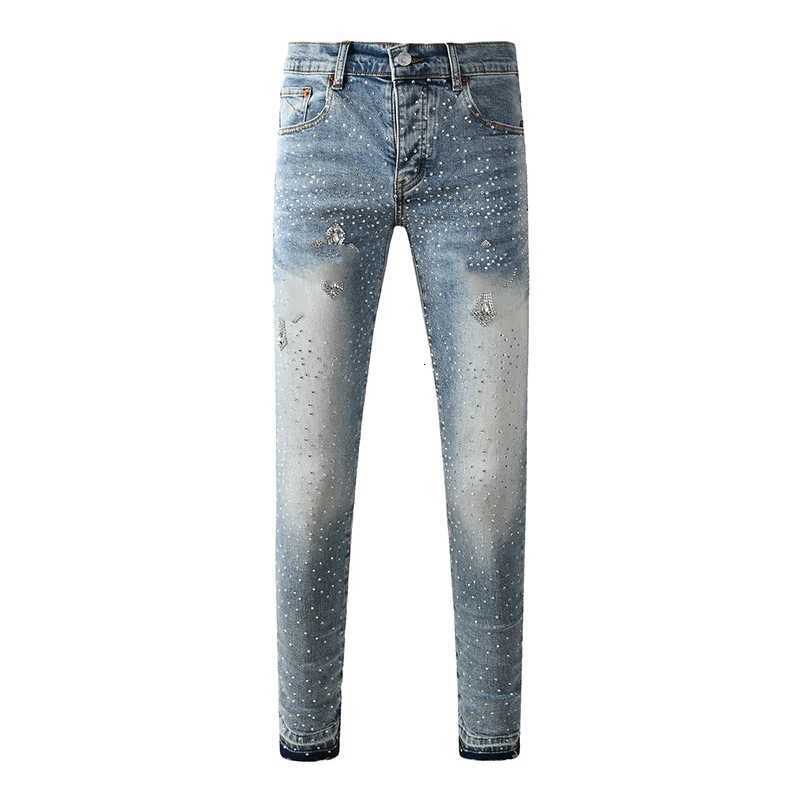 Washed Distressed Light Indigo Rhinestones Cross Patterns Stretch Skinny Button Fly Raw Hem Jeans Y251105