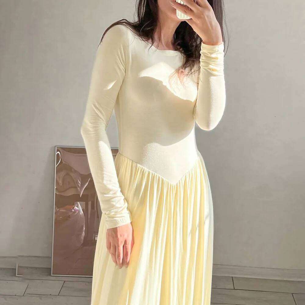Blifanbo Autumn Round Neck Sleeve For Women Slim Elegant Fashion Pleated High Waist Patchwork Long Dress Vestido