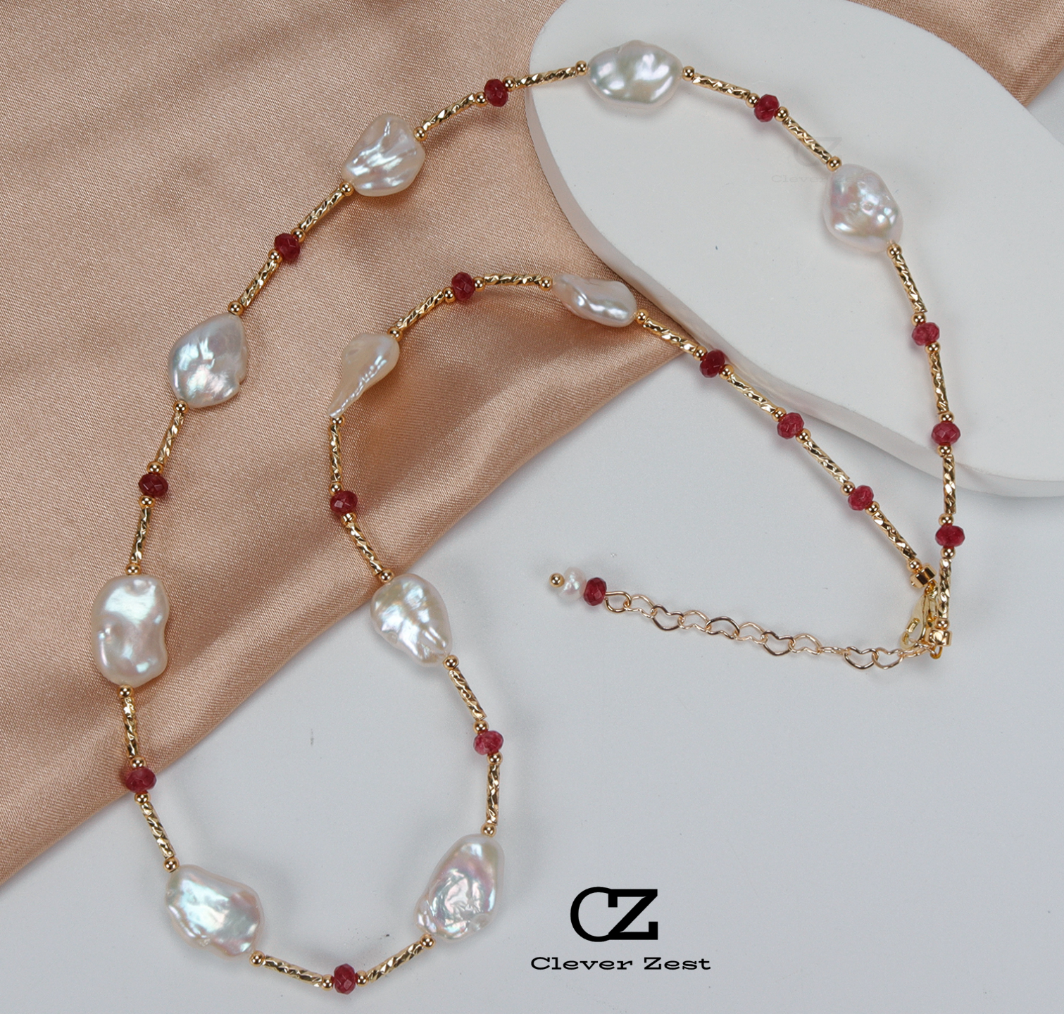 Natural White Baroque Pearl and Gemstone Gold-Filled Necklace 14K Gold-Filled Fashionable Versatile Trend Anniversary Gift Best Friend Gift