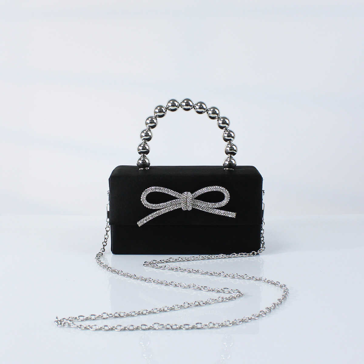 New French Style Shiny Small Square Box Bag with Bowknot for Evening Party, Handheld, Shoulder, and Crossbody Bag