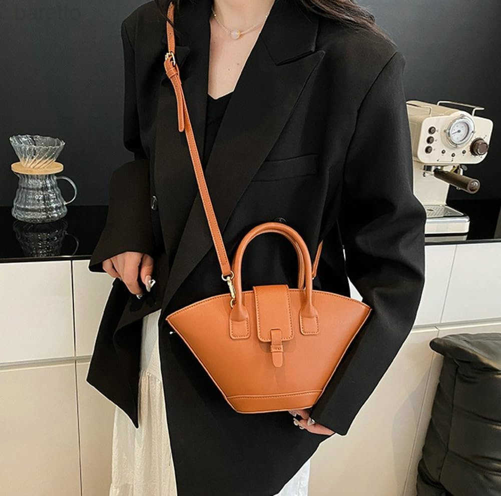 Trendy Fanshaped Bucket Bag for Women Retro PU Leather Shoulder Crossbody Bag with Top Handle Satchel Purse Z251017