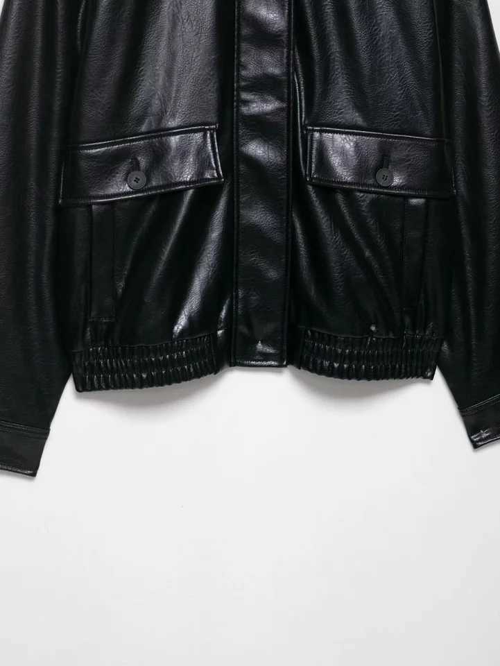 autumn new womens commuting casual simple versatile fashion Fuling longsleeved imitation leather pilot jacketT251017