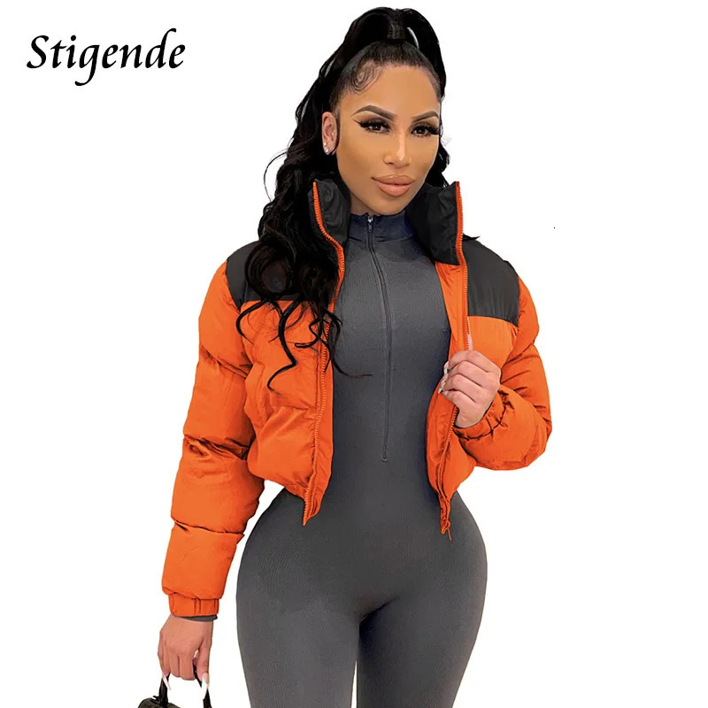 Stigende Women Patchwork Puffer Parka Coat Stand Collar Cotton Padded Coat Winter Warm Loose Zipper Crop Top Jacket Outwear 251011