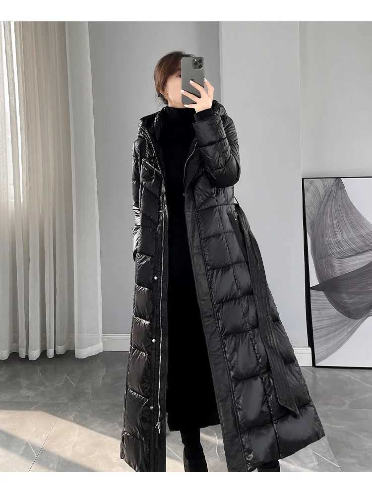 Ladies Winter Long Down Jacket High Grade Zipper Belt Black Navy Blue Down Coat Down Jacket Women Coats W251016