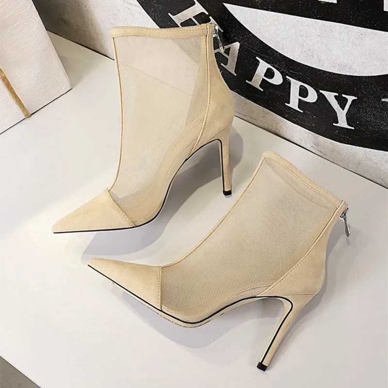 Mesh Hollow Ankle Boots for Women Pointed Toe Zipper Thin Heel Designer Modern Boots Fashion Sexy Super High Heel Women Shoes Z251015