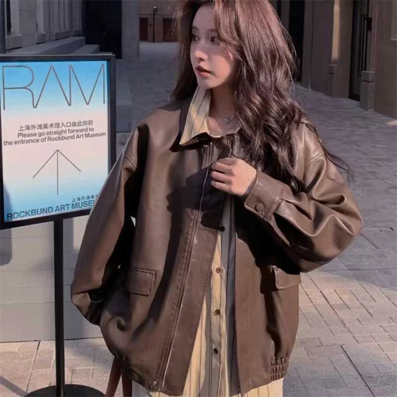 Highgrade Female Solid Color Leather Jacket Autumn Women Locomotive Faux Leather Coat American Ladies Loose PU Leather OutwearT251017