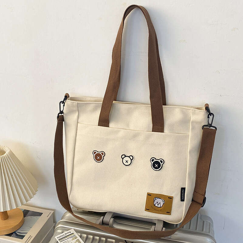 2025 New Printed Canvas Shoulder Large Capacity Casual Tote Bear Crossbody for Women Student Tutoring Bag
