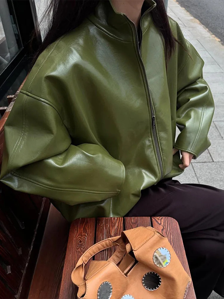 Vintage Biker Leather Jacket Skirts Suit Womens Zipper Long Sleeve Coats High Waist Skirt 2025 Autumn Lady Two Piece Outfit 251013