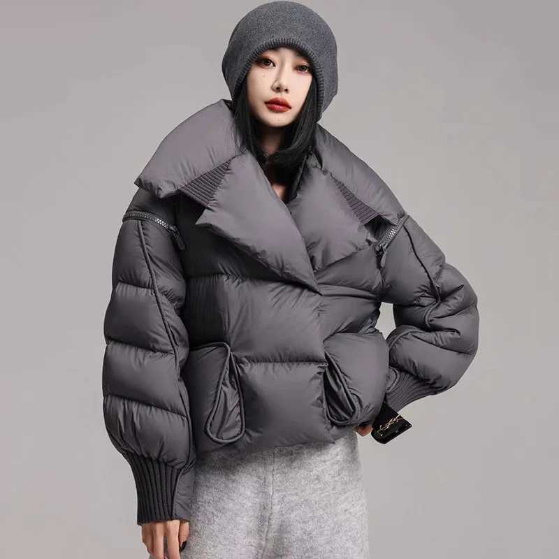 Overcoat 2025 New Fashion Women Down Jacket Winter White Duck Down Knitted Patchwork Lapel Women Down Jacket H132 W251016