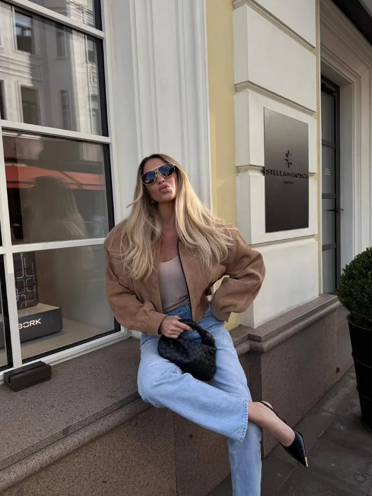 Full Sleeve Zipper Cropped Suede Jacket Women Casual Lapel Pocket Loose Thin Coat 2025 Autumn Lady Highstreet Commute Outwear 251017