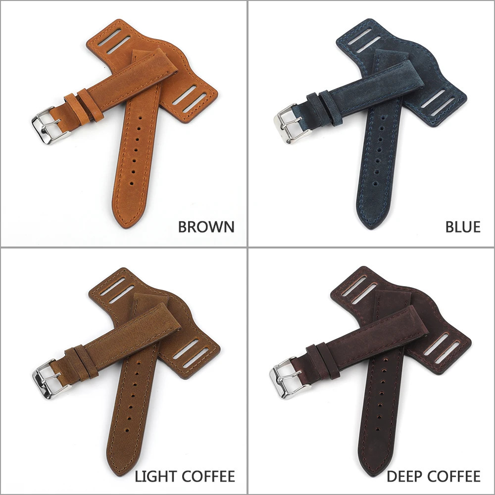 Handmade Crazy Horse Leather Watchband 18mm 19mm 20mm 21mm 22mm Watch Strap with Mat Genuine Leather Men Wristband Replacement 251016