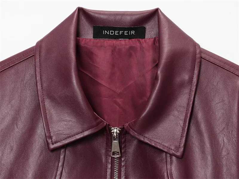 Womens Jacket 2025 New American Retro Simple Lapel Burgundy Faux Leather Jacket Street Fashion Womens JacketT251017