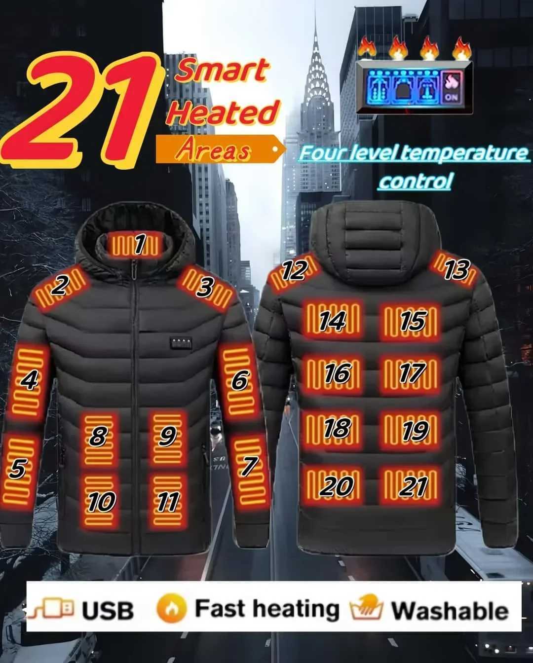 21 Zone Heating Jacket Black Hooded Jacket Outdoor Mountaineering Ski Suit MultiZone Heating Fast Warming Up Cotton Coat 2024 H251017