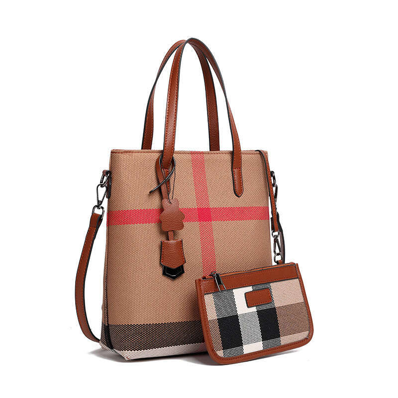 Genuine Leather Plaid Large Capacity Tote Mother Handbag Versatile Fashionable High-End Feel Single Shoulder Crossbody Women's Bag