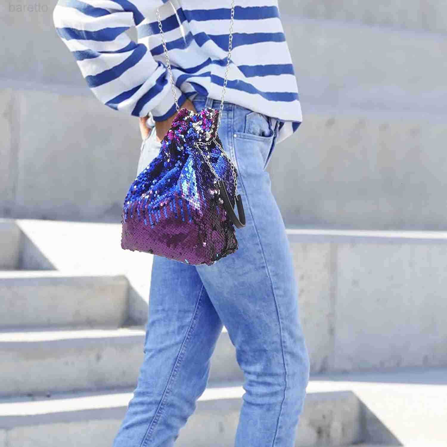 Purse for Women Glitter Sequin Cluth Bling Bucket Bag Stylish Shoulder Bag with Tassel Chain Party Tote Handbag Blue 75 x 39 x 10 inch Z251017