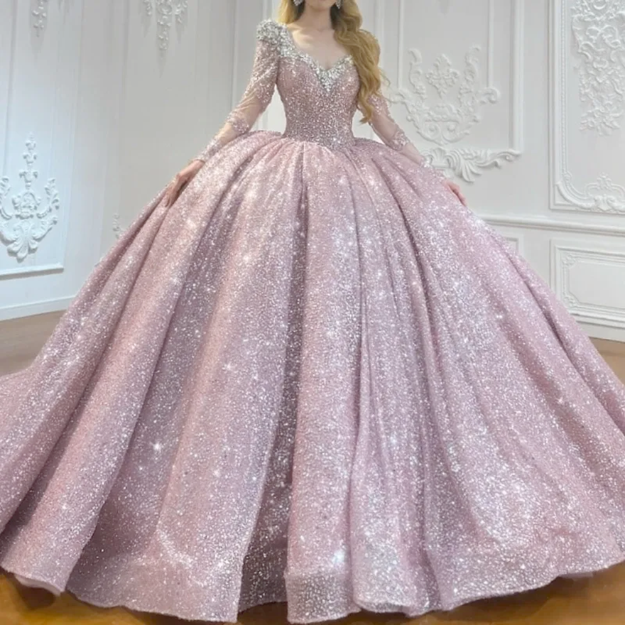 Pink Shiny Princess Quinceanera Dresses Sequined Beads Tull Long Sleeves Sweet 16 Dress Off Shoulder Ball Gown Vestidos 15 Anos