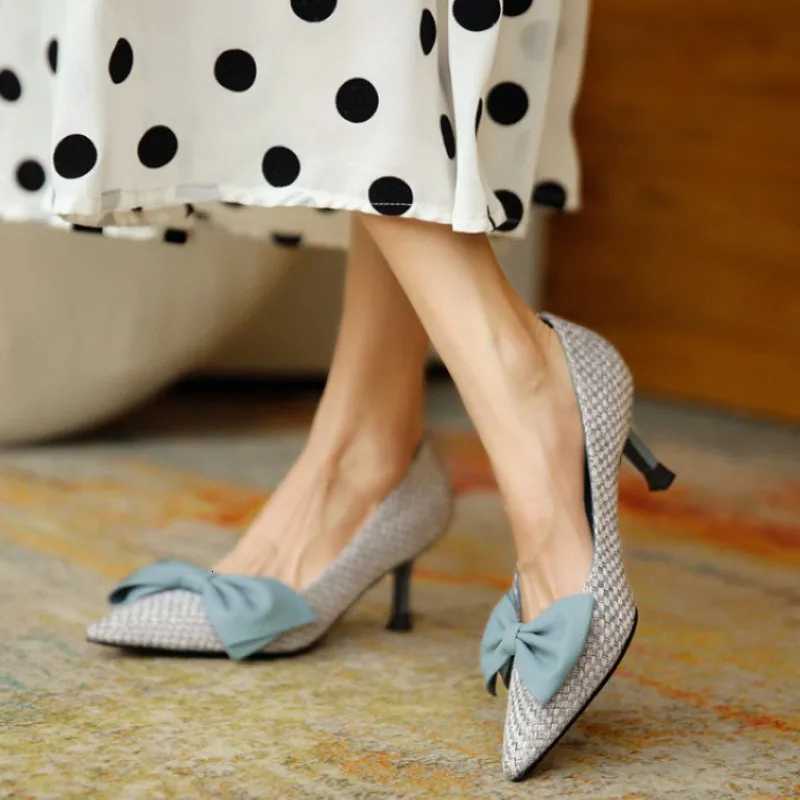 Woven Bow Designer Brand High Heels Women Fashion Shallow Patchwork Slide Sandal Elegant Simple Pointed Toe Thin Heel Dress Shoe Z251015