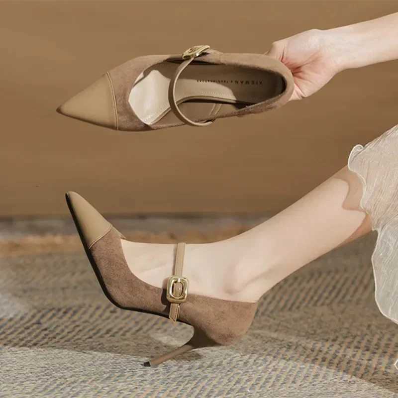 Sexy Pointed Toe Thin High Heels Women Leather Covered Toe Design Women Pumps Metal Belt Buckle Womens Elegant High Heel Shoes Z251015