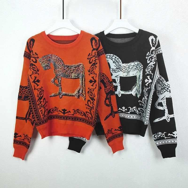 H Horse Rhinestone Pattern Knit Sweater Women Pullover Autumn Winter Top Coat Clothes Luxury Brand Designer 2024 Spring Clothing H251017