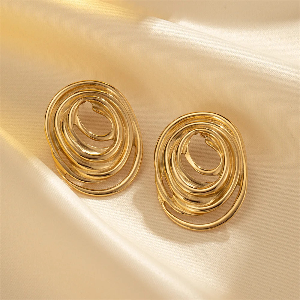 Stainless Steel Oval Line Stud Earrings Exaggerated Gold Color Party Earrings Women Simple Jewelry Accessories 251016