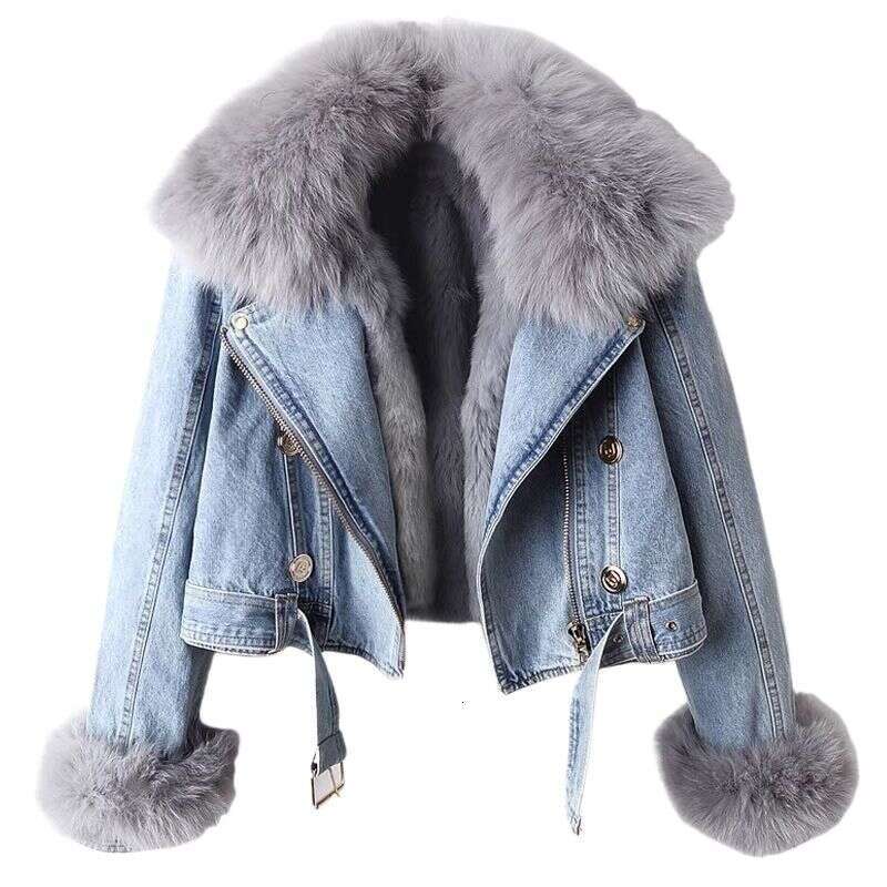 hoodie Women's Detachable Faux Fox Fur Lined Denim Jacket Short Parka Coat Winter Warm Outerwear Casual Streetwear jacket