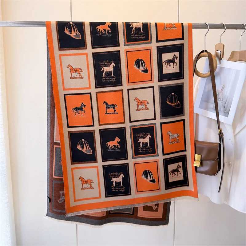 New Horse Print Winter Scarf Women Imitation Cashmere Warm Foulard Lady Scarves Female Thick Soft Shawls Wraps Blanket C251017