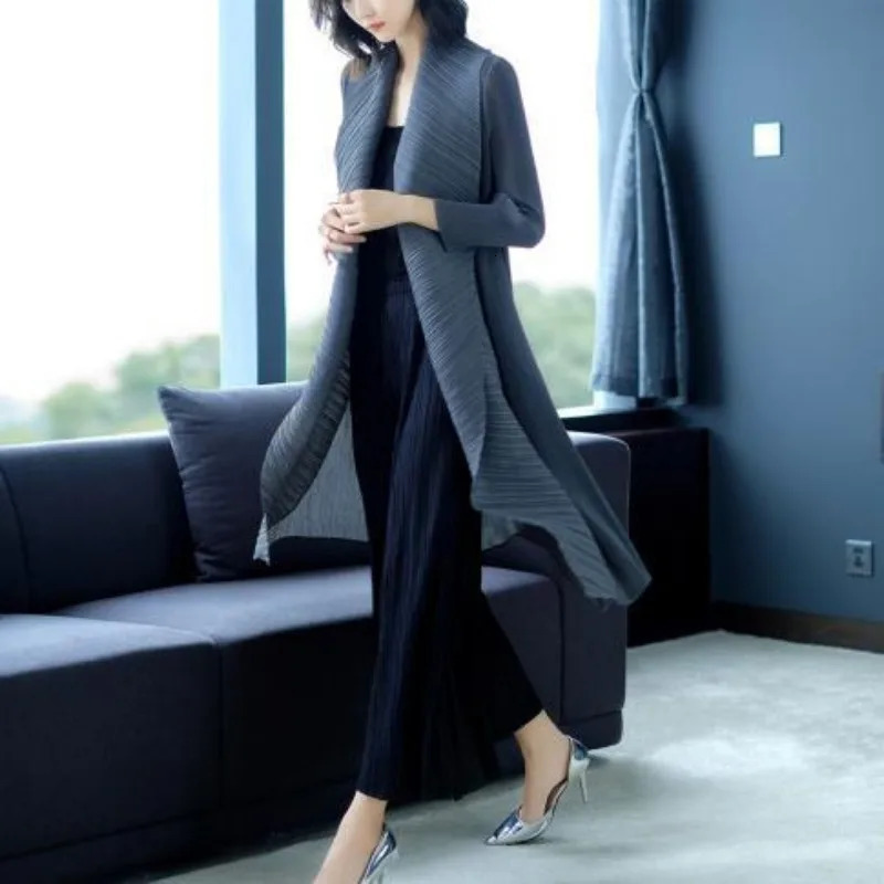 Pleated Coat Turn Down Collar Long Sleeve Midlength Trench Coat Oversized Windbreaker Cardigan Highend Chic Jackets 251013