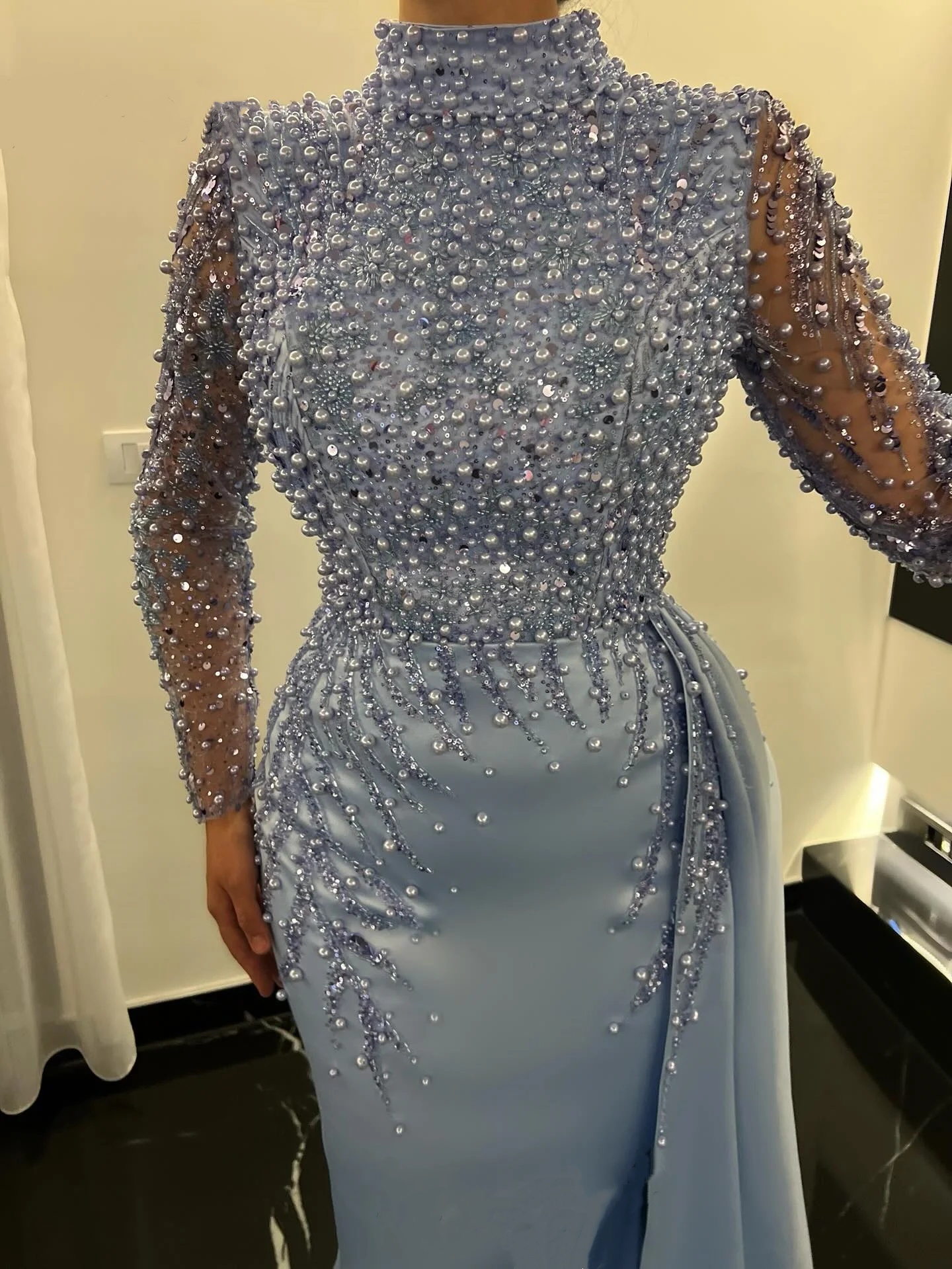 Fashion Mermaid Evening Dresses Sequins Pearls Prom Dress Detachable Train High Neck Long Sleeves Party Dress Customized Vestidos de noche Plus Size