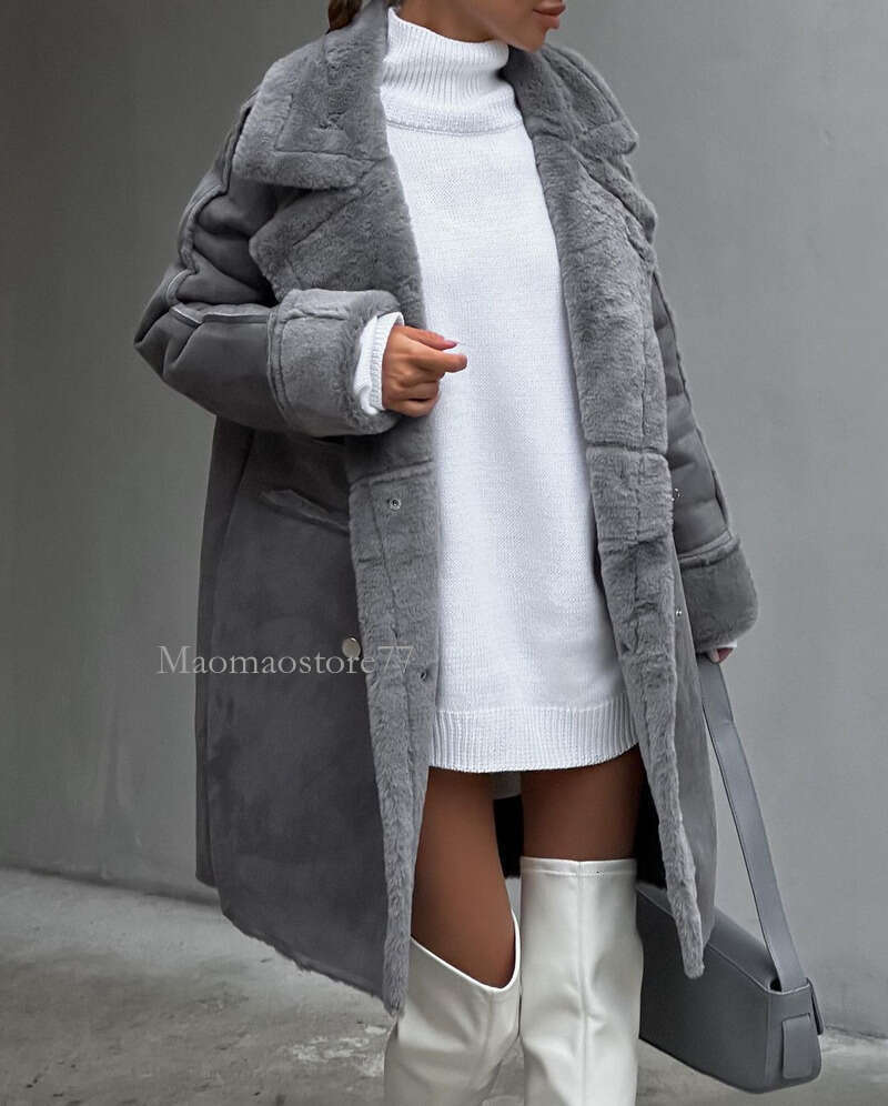 Winter Furry Suede Coat Suit Collar Cardigan Long Sleeve Plush Jacket coats designer women
